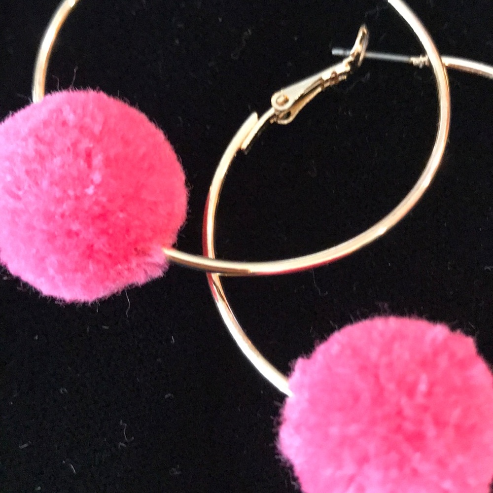 Funky Pink Puff Loop Earrings - Picture 2 of 2